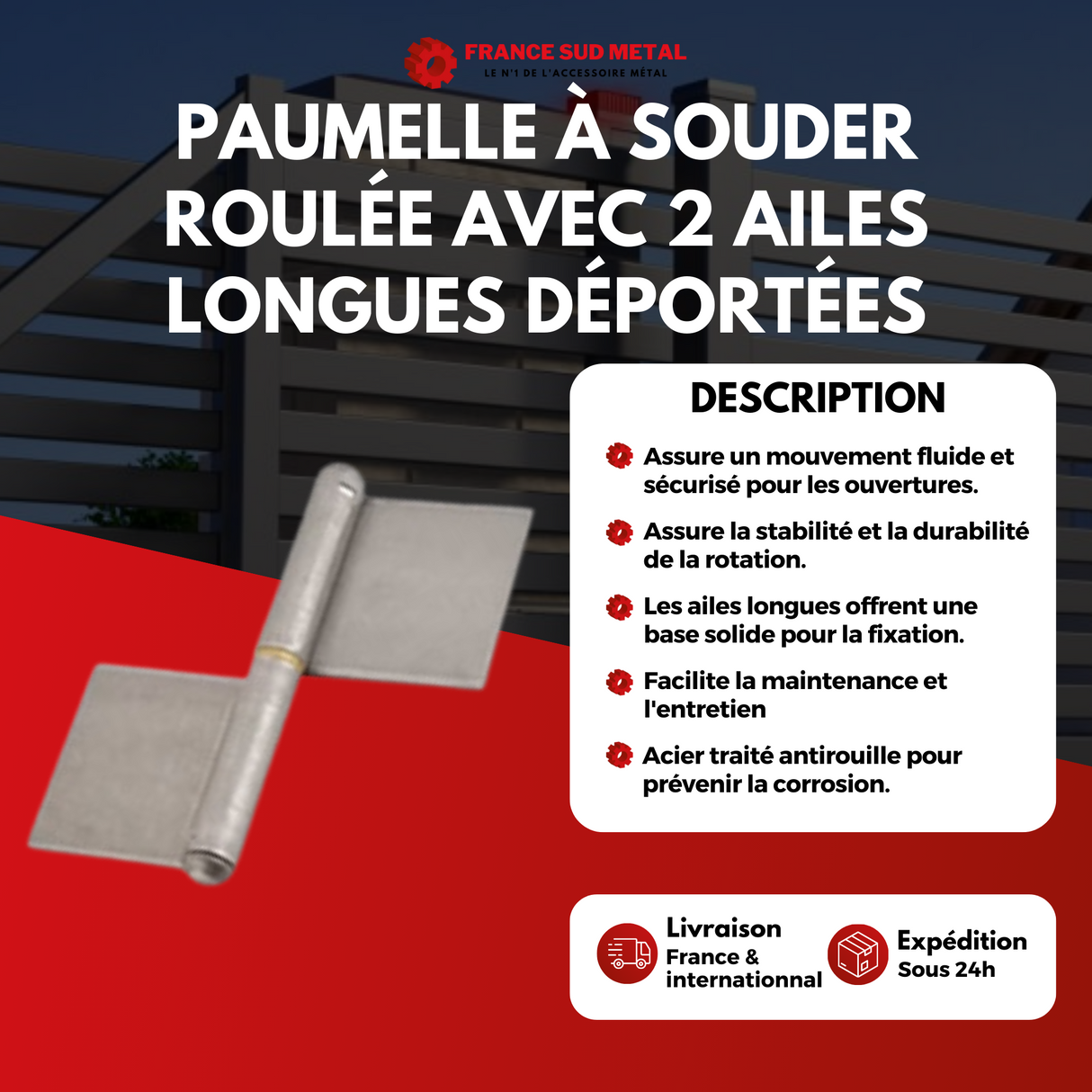 Paumelle à souder roulée avec 2 ailes longues déportées - bague laiton amovible