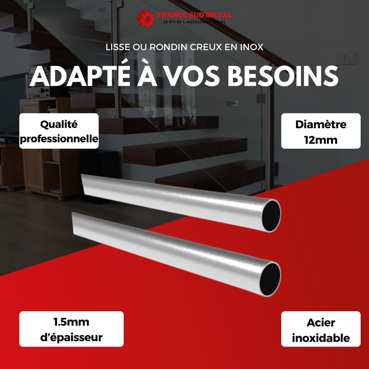 Lisse creuse en D12mm en inox