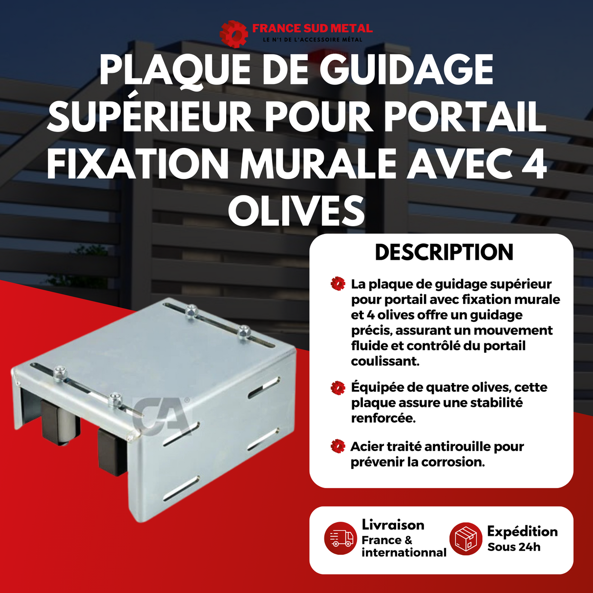 PLAQUE DE GUIDAGE SUPÉRIEUR POUR PORTAIL FIXATION MURALE