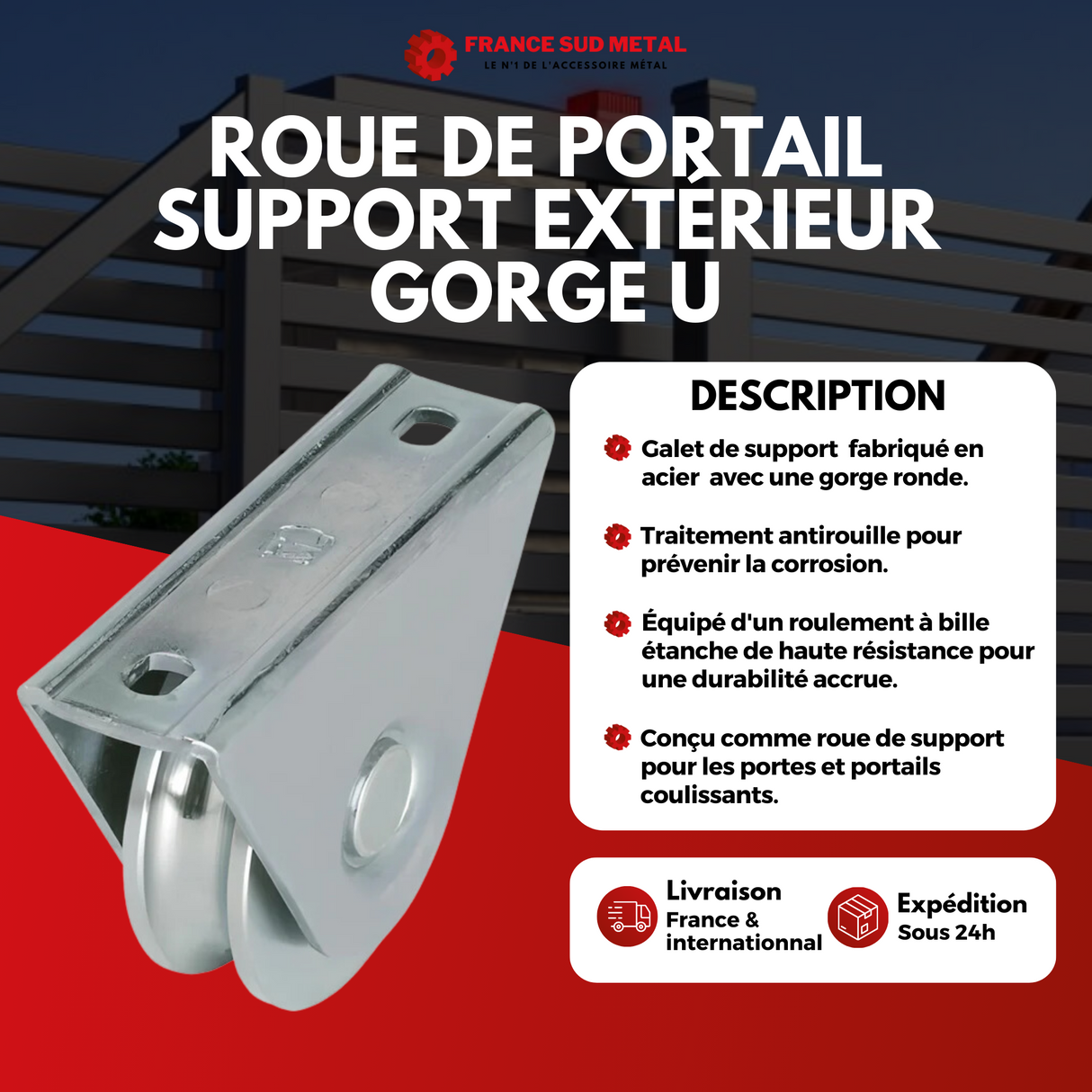 Galet support extérieur gorge ronde – Roue portail coulissant Ø60/80/100 mm
