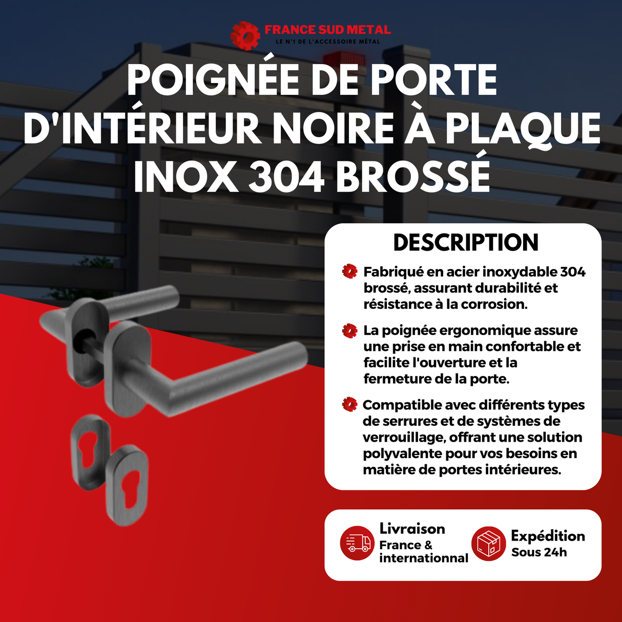 POIGNÉE DE PORTE D'INTÉRIEUR À PLAQUE- INOX 304 BROSSÉ