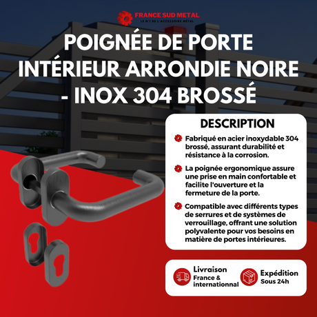 POIGNÉE DE PORTE D'INTÉRIEUR ARRONDIE COURTE NOIRE - INOX 304 BROSSÉ