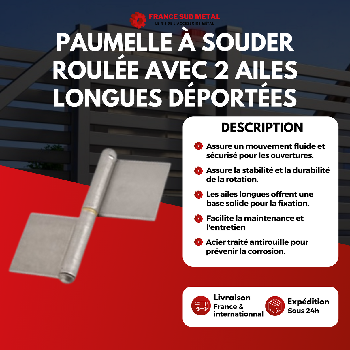 Paumelle à souder roulée avec 2 ailes longues déportées - bague laiton amovible 