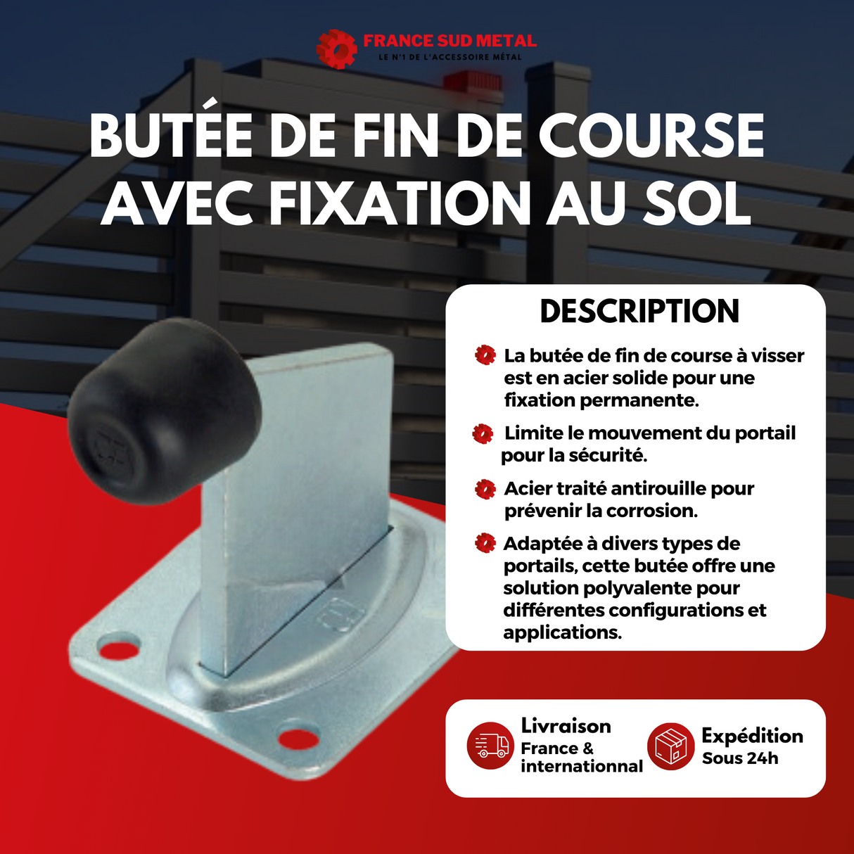 BUTÉE DE FIN DE COURSE AVEC FIXATION AU SOL POUR PORTAIL ET PORTE - TOP POWER