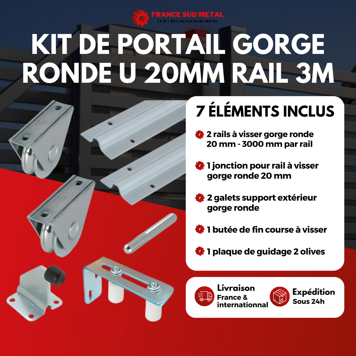 KIT DE PORTAIL COULISSANT 6 METRES GORGE RONDE U20mm - 2 x RAILS 3 METRES -2