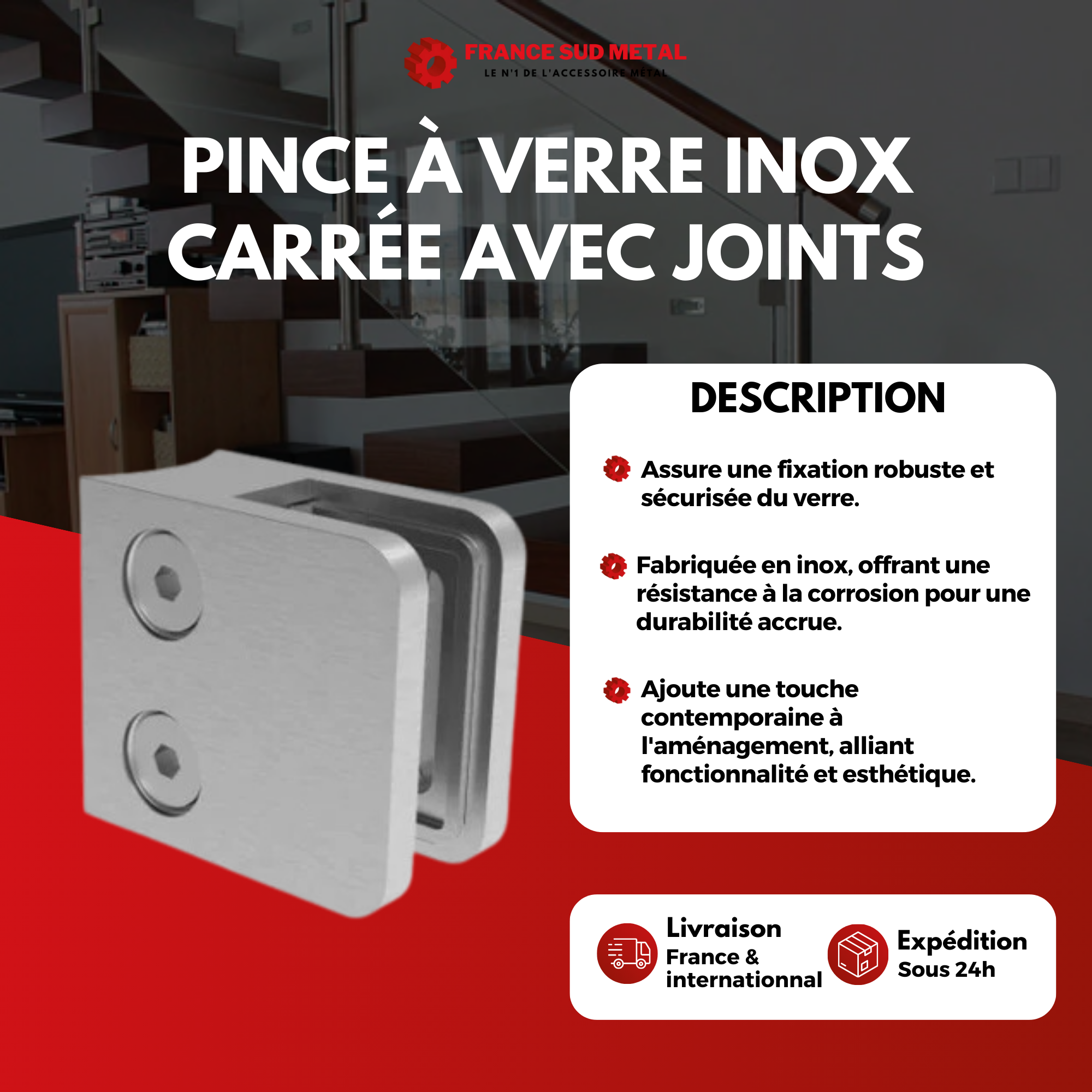 Pince verre CARREE INOX fixation sur plat - DEKO-STEEL