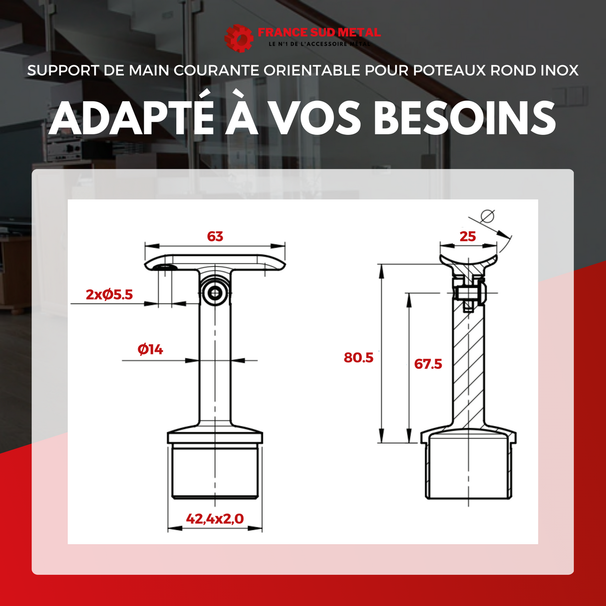 Support de main courante orientable pour poteaux rond inox -3